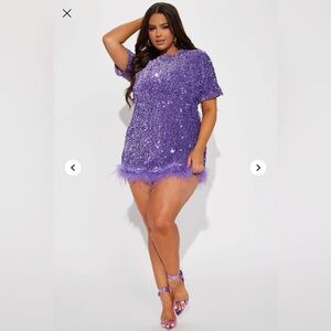 Purple Sequin Mini Dress with Feather Trim 2X
